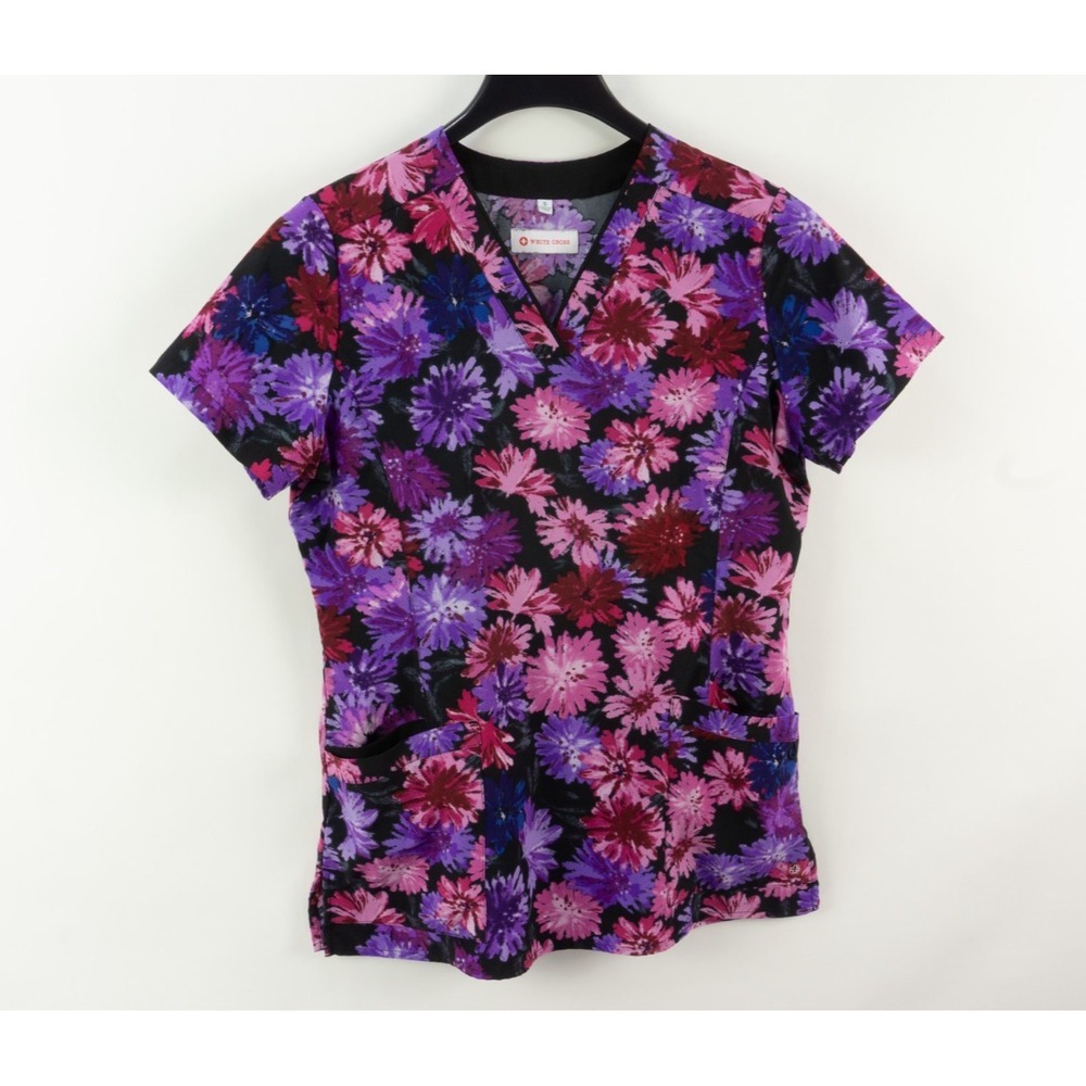White Cross Womens Small Floral V-Neck Scrub Top Purple Watercolor 755DPF